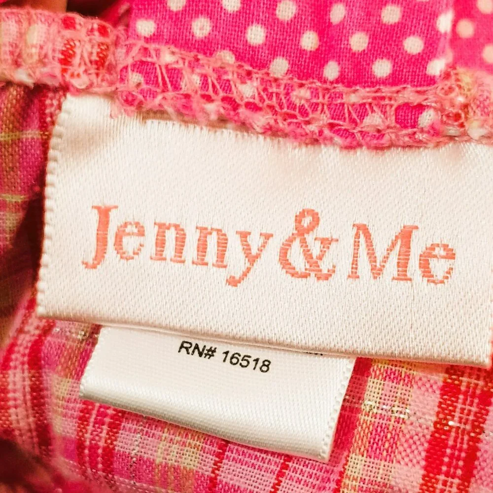 Jenny & Me Pink Plaid Dress 4 A Line Polka Dot Trim Tulle Hem Metallic Weaving